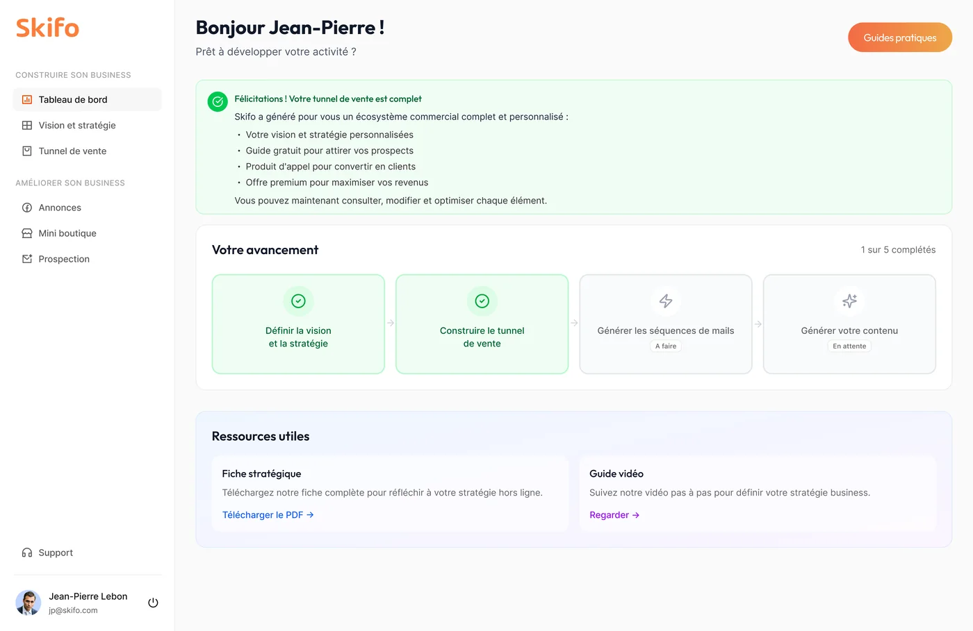Tableau de bord recommandé avec progression visible